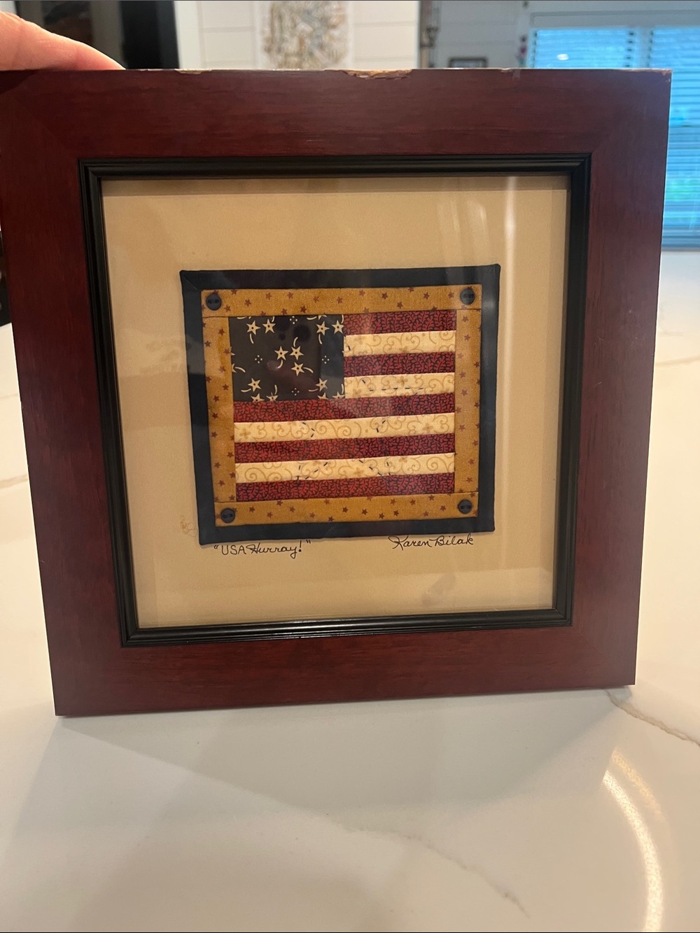 Redbud ridge quilts Framed Patriotic Flag Wall Art - Red, Blue, Cream.